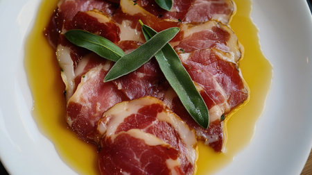 This overhead shot showcases saltimbocca alla romana, featuring delicate slices of meat garnished with fresh herbs. A perfect representation of Italian culinary artistry.の素材