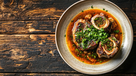 A beautifully plated osso buco alla milanese served with fresh herbs. Perfect for illustrating Italian culinary traditions and gourmet dining experiences.の素材