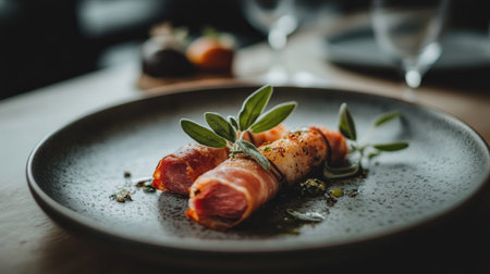 Elegant modern presentation of saltimbocca dish featuring herbs and delicious ingredients, perfect for food lovers seeking gourmet experiences.の素材