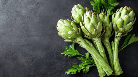 A stunning arrangement of fresh artichokes with vibrant green leaves against a dark background. Perfect for food lovers and culinary enthusiasts.の素材