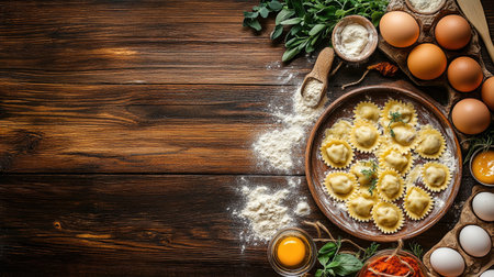 Discover a beautifully arranged scene featuring freshly made ravioli on a floured wooden surface, surrounded by eggs, herbs, and cooking ingredients, perfect for culinary inspiration.の素材