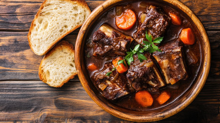 Enjoy a beautifully presented bowl of richly braised beef ribs in savory sauce, accompanied by fresh carrots and herbs, perfect for a hearty meal.の素材