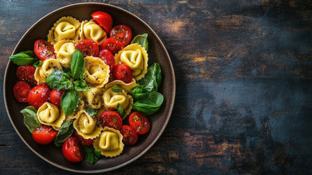 A charming plate featuring rustic tortellini pasta arranged beautifully with fresh tomatoes and fragrant basil, perfect for any meal celebration.の素材