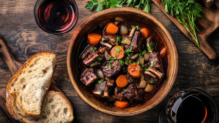 Savory beef bourguignon featuring tender ribs, fresh vegetables, and a rich wine sauce, beautifully presented in a rustic bowl alongside bread.の素材