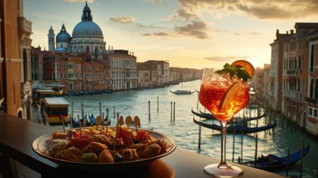 A captivating scene showcasing a plate of delicious food and a vibrant cocktail, set against a stunning sunset view over a picturesque waterway.の素材