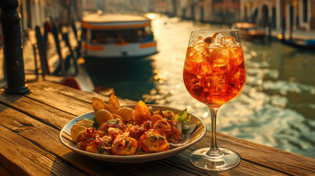 A captivating dining scene featuring a delicious plate of food and a refreshing drink by the water, perfect for summertime enjoyment and relaxation.の素材