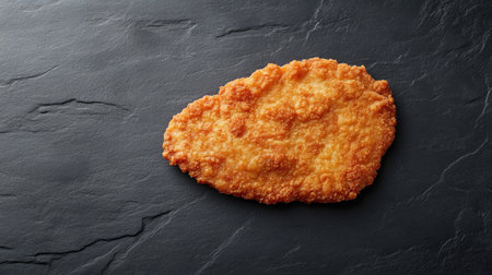 Enjoy a golden brown cotoletta presented on a dark slate background, showcasing its crispy texture and savory appeal as a delicious Italian dish.の素材