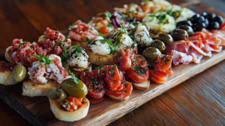 Indulge in a vibrant assortment of cicchetti, beautifully arranged on a wooden platter. Perfect for gatherings, this colorful selection showcases Italian culinary delights.の素材