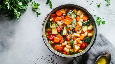 A warm bowl of Italian minestrone soup filled with fresh vegetables, beans, and savory herbs, perfect for a comforting meal any time of year. Enjoy the vibrant colors and wholesome flavors!の素材