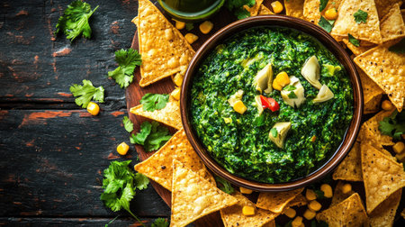 Enjoy a vibrant bowl of fresh spinach dip paired with crispy tortilla chips. This healthy appetizer is perfect for gatherings and flavorful snacking.の素材