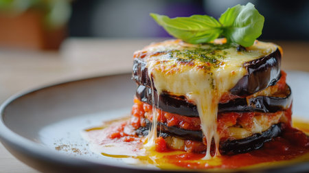 A close-up shot of a tempting Melanzane alla Parmigiana, featuring layers of eggplant, rich tomato sauce, and melted cheese. Ideal for food enthusiasts!の素材