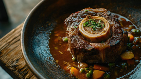 A tantalizing close-up of braised veal steak oozing flavor, served with a rich sauce and fresh vegetables. Perfect for gourmet dining experiences.の素材