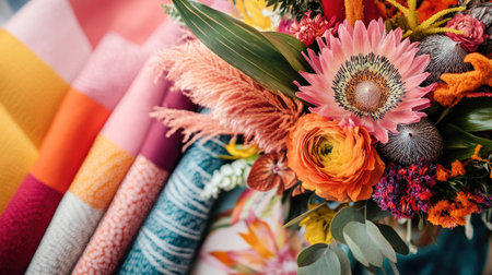 A stunning closeup of a vibrant flower bouquet surrounded by colorful textiles, perfect for creative projects and showcasing beauty in design and nature.の素材