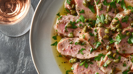 A close-up view of a gourmet vitello dish garnished with fresh herbs and capers, capturing the essence of exquisite cuisine and culinary artistry.の素材