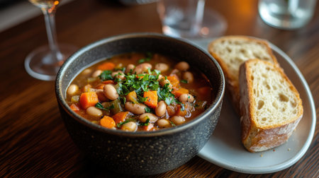 A warm bowl of ribollita soup filled with beans and fresh vegetables, served with slices of rustic bread. Ideal for a comforting meal. Perfect for winter.の素材