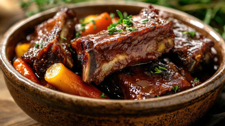 Discover a mouthwatering dish of beef bourguignon ribs, tenderly cooked with vibrant vegetables. Perfect for a hearty meal or special occasion.の素材