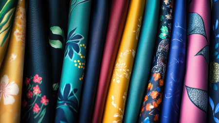 A stunning collection of vibrant fabric patterns showcasing floral designs and rich colors, perfect for creative projects and artistic compositions.の素材