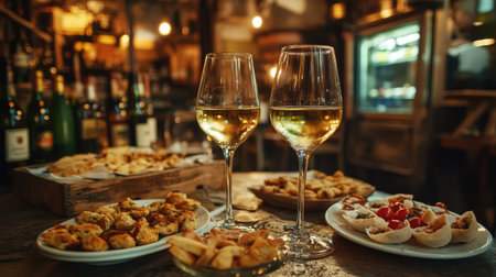 Immerse yourself in a delightful dining scene featuring elegant wine glasses paired with appetizing gourmet dishes, creating a warm and inviting atmosphere.の素材