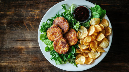 A delightful presentation of fried meat cutlets served with fresh greens and crispy chips, perfect for a savory snack or appetizer for any meal.の素材