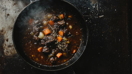 A stunning view of beef bourguignon simmering in a skillet, showcasing tender beef chunks, colorful vegetables, and fragrant herbs, perfect for a cozy meal.の素材