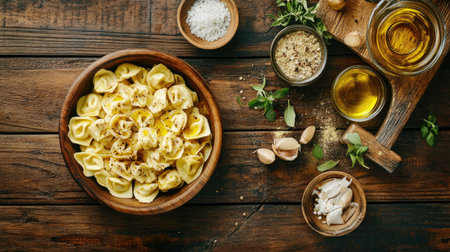 A beautifully arranged bowl of freshly cooked tortellini served on a wooden table, showcasing vibrant herbs and seasonings for a delightful dining experience.の素材