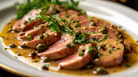 Indulge in this visually stunning Vitello Tonnato presented on a white plate, featuring tender meat slices, rich sauce, and fresh herbs, perfect for gourmet dining.の素材