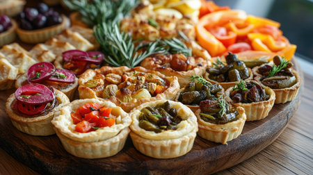 A stunning close-up of a wooden platter showcasing a vibrant selection of appetizers, featuring beautifully arranged tarts and colorful vegetables, perfect for gatherings or parties.の素材
