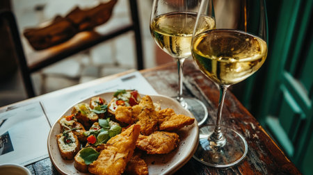 Experience a delightful arrangement of Venetian cicchetti snacks accompanied by glasses of white wine, perfect for a cozy dining atmosphere.の素材