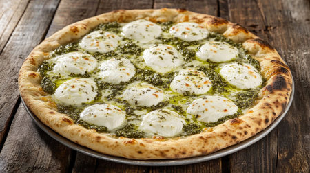A freshly baked Pinsa Romana featuring creamy cheese and vibrant pesto on a rustic wooden table. Ideal for showcasing Italian culinary delights.の素材