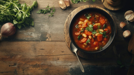 A hearty bowl of minestrone soup, filled with fresh vegetables and herbs, resting on a textured wooden table. Perfect for cozy meals and healthy eating.の素材