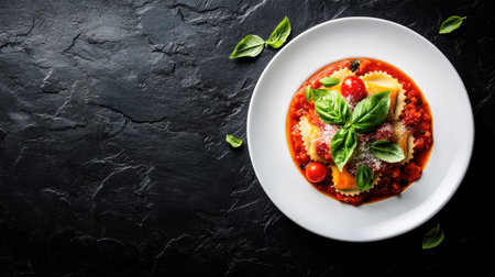 A minimalist top view of ravioli served with rich tomato sauce and fresh basil on a black stone background. Perfect for culinary photography and food styling.の素材