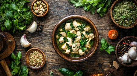 A tempting bowl of chicken green curry with fresh herbs, showcasing vibrant colors and textures. Perfect for culinary enthusiasts and food photography lovers.の素材