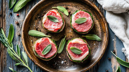 This captivating image showcases a plate of delicious beef saltimbocca garnished with fresh sage, capturing the essence of rustic gourmet cuisine.の素材