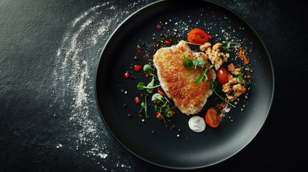 A minimalist presentation of Cotoletta alla Milanese, featuring a crispy breaded cutlet adorned with herbs and vibrant cherry tomatoes, ideal for gourmet photography.の素材