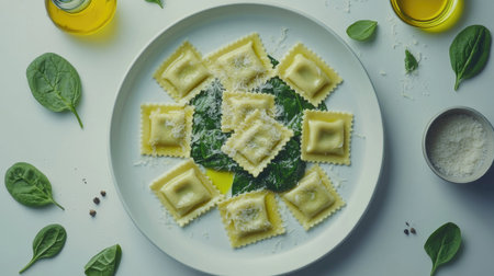 A beautiful presentation of freshly cooked spinach and cheese ravioli on a plate, surrounded by spinach leaves, cheese, and olive oil. Perfect for a gourmet meal.の素材