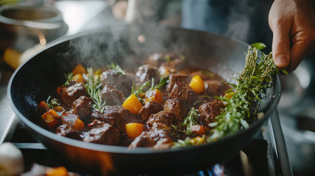 A delicious beef bourguignon simmering in a skillet, showcasing vibrant ingredients and fresh herbs. Perfect for culinary enthusiasts and food photography.の素材