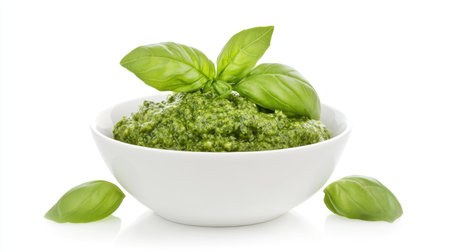 A pristine white bowl filled with vibrant green pesto, garnished with fresh basil leaves. Perfect for culinary presentations and healthy cuisine.の素材
