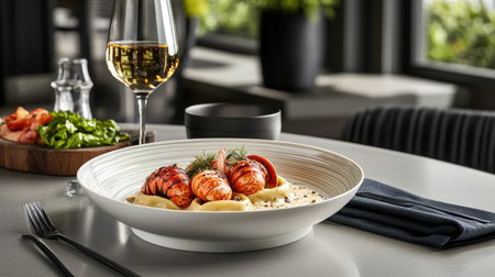 A stunning presentation of lobster ravioli served in a rich cream sauce, accompanied by a glass of white wine and a side salad, perfect for fine dining.の素材