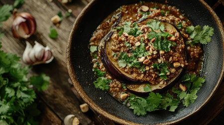 A rustic appetizer featuring vibrant ingredients on a wooden tabletop. This dish highlights fresh herbs and flavors, perfect for elegant dining or casual gatherings.の素材