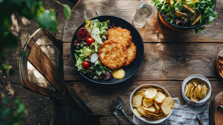 A rustic wooden table setting showcasing a delicious meal, featuring crispy dishes and fresh salads. Perfect for outdoor dining in a natural atmosphere.の素材