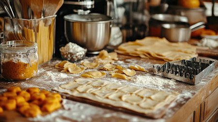 A cozy rustic kitchen scene featuring the preparation of fresh ravioli. Flour, ingredients, and culinary tools create an inviting atmosphere for cooking enthusiasts.の素材