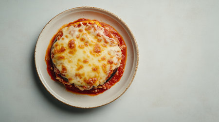 Enjoy a beautiful serving of rustic melanzane alla parmigiana, featuring baked layers of eggplant, rich tomato sauce, and melted cheese on a elegant plate.の素材