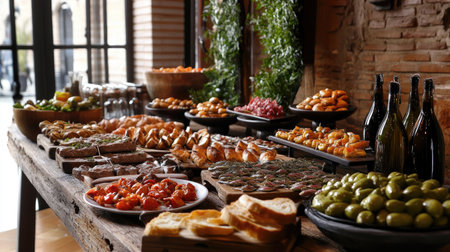 This rustic table showcases an enticing array of Spanish dishes, featuring vibrant colors and fresh ingredients, perfect for any gathering or celebration.の素材