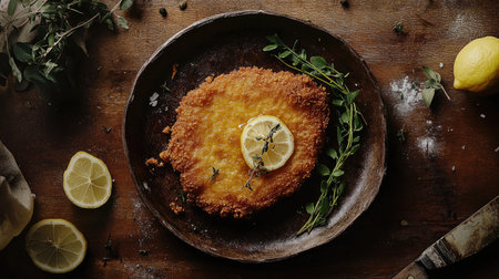 A rustic presentation of a plated Cotoletta, garnished with herbs and lemon slices, showcasing a cozy and inviting meal in a natural setting.の素材