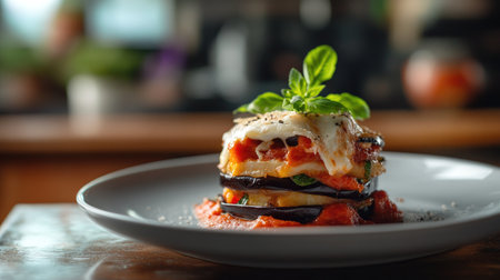 A beautifully plated eggplant parmesan showcasing layers of grilled eggplant, rich tomato sauce, and melted cheese, garnished with fresh basil. Perfect for an Italian dish.の素材