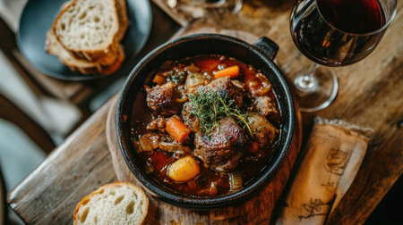 Discover a rustic wooden table setting featuring a delicious dish of osso buco, paired with red wine and fresh bread, perfect for cozy dining experiences.の素材