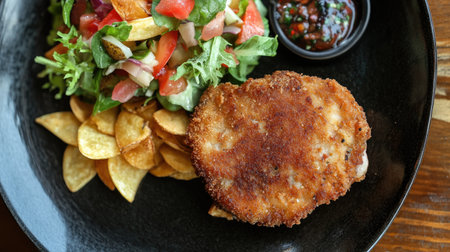 A beautifully plated savory fried meat cutlet served with crispy chips and a fresh salad. The vibrant colors and textures create an appetizing meal idea.の素材