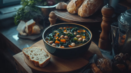 A rustic scene showcasing a bowl of ribollita soup, filled with fresh vegetables and beans, accompanied by a slice of hearty bread in a cozy kitchen setting.の素材