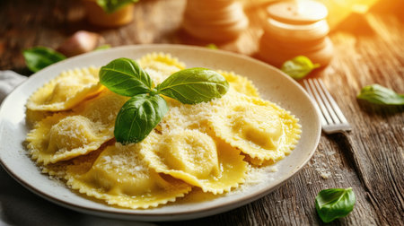 Enjoy a plate of delicious ravioli served in a rich butter sauce, garnished with fresh herbs. Perfect for a gourmet dining experience that elevates any meal.の素材