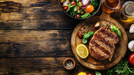 A rustic presentation of veal Milanese on a wooden table, complemented by fresh vegetables and herbs, perfect for a gourmet dining experience.の素材